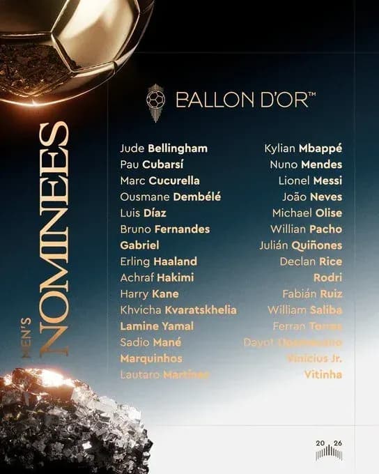 Balonul de Aur: Vinicius s-a clasat pe locul 17, Bellingham pe 11. Lista ultimilor zece candidați